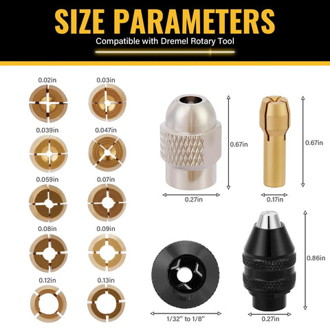 15-Piece Drill Chuck Collet Set For Dremel Rotary Tools 0.02in To 0.13in, showing collet sizes and components in brass and metal.