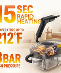 Entalva Heavy Duty 1600W Handheld Steam Cleaner with 1.69 Gallon tank showing rapid heating feature at 15 seconds up to 212°F.