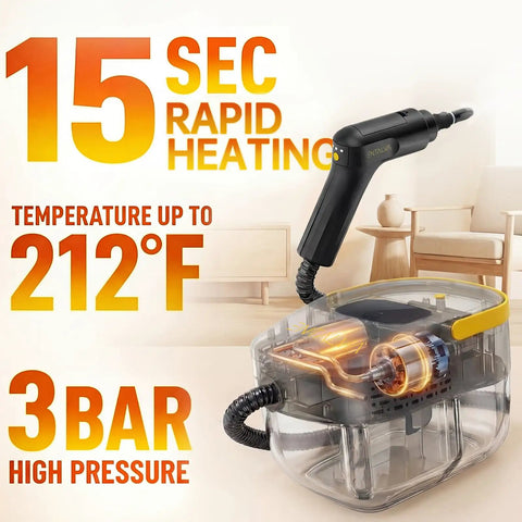 Entalva Heavy Duty 1600W Handheld Steam Cleaner with 1.69 Gallon tank showing rapid heating feature at 15 seconds up to 212°F.