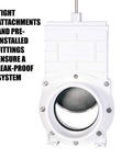 Front view of Valterra 4-inch white PVC gate valve with slip/hub fittings and stainless paddle