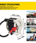 Heavy Duty 50 Ft Retractable Fuel Hose Reel With Auto Refueling Gun, specifications, suitable for trucks, tractors, and heavy equipment.