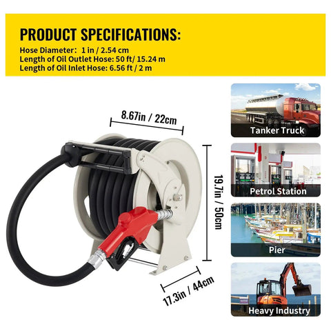 Top Shelf Retractable Fuel Hose Reel With Auto Refueling Gun 50 Ft 1 Inch Diesel Gasoline Water Transfer Line For Big Rigs Tractors And Job Sites Zero Hassle Design showing specifications and usage.