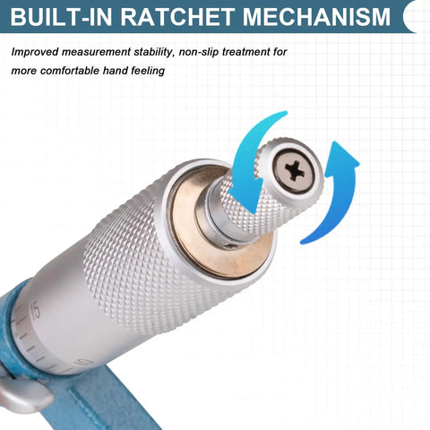 Close-up of ratchet mechanism on Four Piece Outside Micrometer Set For Machinists Ultra High Precision 0.0001 Inch Graduation Measures 0 To 4 Inches Carbide Faces For Repeatable Measurements Durable Machining Tool Kit