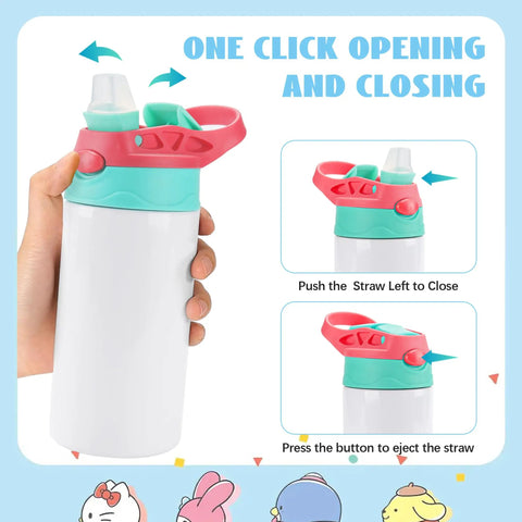 Hand holding 5 Pack Kids Sublimation Tumbler With Lid And Straw 12 Oz Stainless Steel Insulated Cups For DIY Heat Press Print