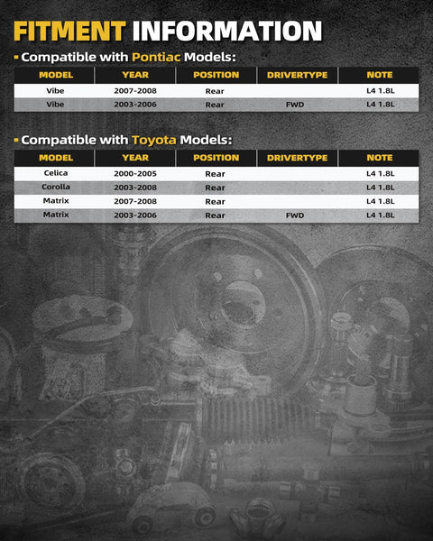 Compatibility chart for 2x Rear Wheel Bearing Hub Assembly Non ABS 5 Lug, Pontiac Vibe, Toyota Celica, Corolla, Matrix, rear view.