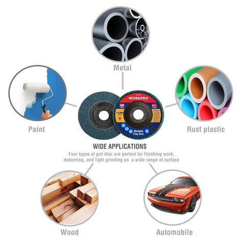 WORKPRO 20-pack flap discs, 4-1/2 in diameter, 7/8 in arbor, zirconia abrasive, grits 40/60/80/120 (front view).