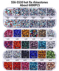 Hotfix Applicator Kit With 6000 Rhinestones, 16 Color Bedazzler Set showing various colorful rhinestones in compartments.