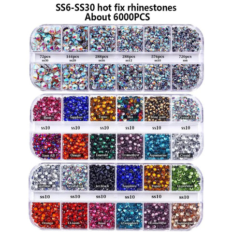 Hotfix Applicator Kit With 6000 Rhinestones, 16 Color Bedazzler Set showing various colorful rhinestones in compartments.