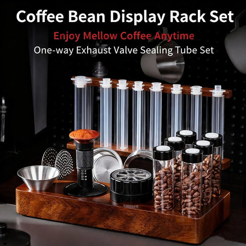 Keep Your Grounds Fresh As A Bell With This Six Tube Single Dose Coffee Bean Storage Jar Set Featuring One Way Exhaust Valves And A Smart Hopper For Flawless 22 To 25 Gram Portions To Brew On Point Daily, displayed with glass tubes and wood rack.