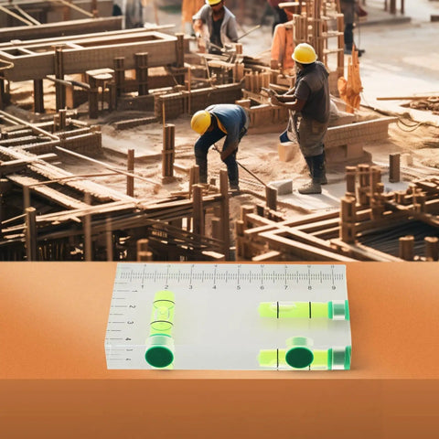 Transparent Bubble Level with built-in ruler, measuring 95x51x13 mm, used for precise leveling at construction site.