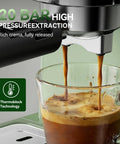 Top Notch Semi Automatic Espresso Maker With Built In Milk Steamer And 20 Bar Pressure extracting rich espresso into a glass.