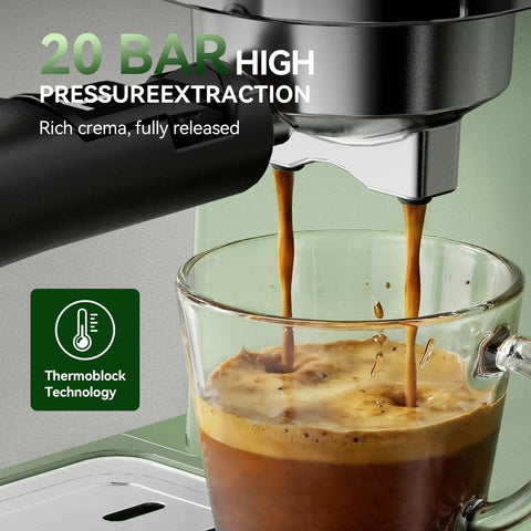 Top Notch Semi Automatic Espresso Maker With Built In Milk Steamer And 20 Bar Pressure extracting rich espresso into a glass.