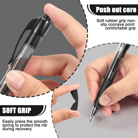 100 Pack Bulk Black Ink Click Pens With Soft Comfort Grip For Office And School Featuring Retractable Design And Zero Bleed Technology showing soft grip and retractable mechanism.