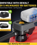 Badass Cordless Fuel Transfer Pump Compatible With DeWalt And Milwaukee Power Tools showing battery compatibility for easy use.