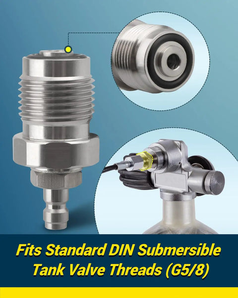 DIN Valve Scuba Adapter For Paintball And Scuba Fill Stations close-up with 8mm quick disconnect and G5/8 threads.