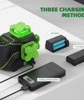 3 X 360 Cross Line Laser Level 3D Self Leveling with Green Beam showing three charging methods on white surface