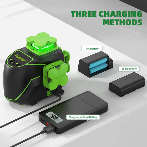 3 X 360 Cross Line Laser Level 3D Self Leveling with Green Beam showing three charging methods on white surface