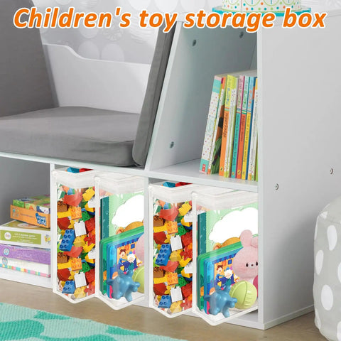 Children's playroom with 20 Pack Clear Toy Storage Bags With Zippered Closures neatly organizing colorful toys and books on shelves.