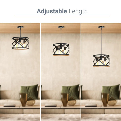 Adjustable 3 Light Pendant Fixture with 3 X 600 Lumen LED Bulbs Included, Vintage Farmhouse Industrial Metal X Cage Design