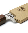 Magnetic Oak Saya Cover For Sujihiki Slicer 270mm Blade with knife partially inserted, showing the natural wood grain.