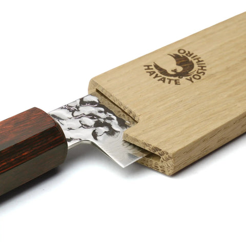 Magnetic Oak Saya Cover For Sujihiki Slicer 270mm Blade with knife partially inserted, showing the natural wood grain.