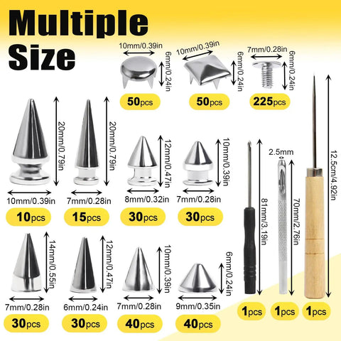 Dope 550 Piece Punk Studs And Spikes Kit with various sizes of conical, square, and round pyramid studs, tools included.