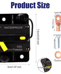 Heavy Duty 50 Amp Marine Circuit Breaker For Minn Kota Trolling Motor showing product dimensions and waterproof features.