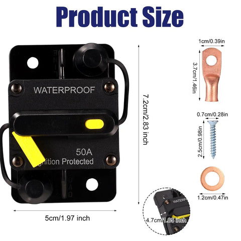 Heavy Duty 50 Amp Marine Circuit Breaker For Minn Kota Trolling Motor showing product dimensions and waterproof features.