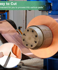 Copper Sheet Roll 2000 By 60 By 0.05mm Copper Foil for DIY projects displayed in a manufacturing setting with cutting demonstration