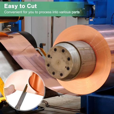 Copper Sheet Roll 2000 By 60 By 0.05mm Copper Foil for DIY projects displayed in a manufacturing setting with cutting demonstration