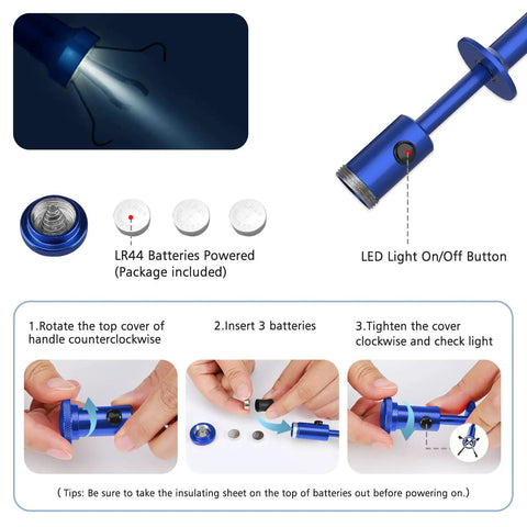 28 Inch Magnetic Four Claw Grabber Tool With Bendable Reacher And LED Light Battery, Flexible Long Pickup Helper For Litter, Home Sink And Drain Debris, Reaches Around Corners, Durable Blue