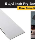 5-1/2 Inch Stainless Steel Pry Bar Scraper with razor sharp edge and angled prying end shown in close-up view