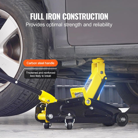 Low Profile 2 Ton Floor Jack For Cars Heavy Duty Iron Hydraulic Car Jack With Quick Lift Pump 4.9 To 13.2 Inch Lift Range Single Piston Yellow Finish lifting car
