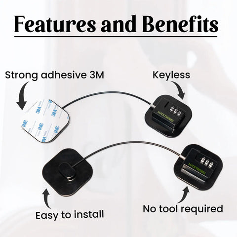 Heavy Duty Fridge Lock For Kids With Password shown with 3M adhesive and keyless design, easy install, no tools needed.