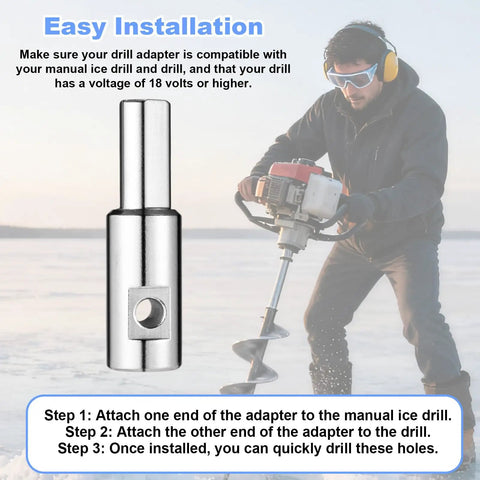 Stainless Steel Ice Auger Drill Bit Adapter turns manual auger into electric power, compatible with 1/2 inch and 1/4 inch chuck holes.