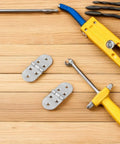 Stainless Steel Folding Table Hinges 4 Pack, Smooth Quiet Operation, and tools on wooden surface