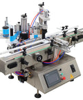Slick Automatic Desktop Labeler With Heavy Duty Chain Conveyor Fast Track Setup For Round Square Bottles High Throughput Packaging System No Sweat Loading Smooth Labeling For Liquids Lotions And Merchandise 110V. Front view with touch screen controls and conveyor.