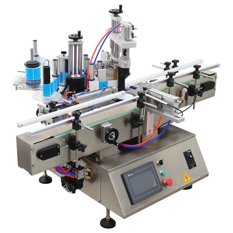 Slick Automatic Desktop Labeler With Heavy Duty Chain Conveyor Fast Track Setup For Round Square Bottles High Throughput Packaging System No Sweat Loading Smooth Labeling For Liquids Lotions And Merchandise 110V. Front view with touch screen controls and conveyor.