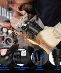 Front-angle view of handheld pneumatic chamfering tool in use on metal, with 1/4 inch air inlet and dial adjustments.
