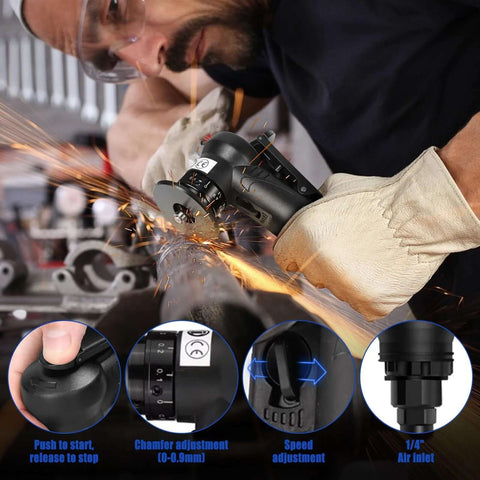Front view of black pneumatic chamfering tool with adjustable dial and 1/4-inch air inlet for metal beveling and deburring
