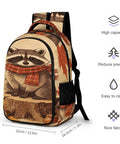 Fall Raccoon Print Backpack with large capacity, features raccoon graphic, polyester material, unisex daypack, lightweight for travel.