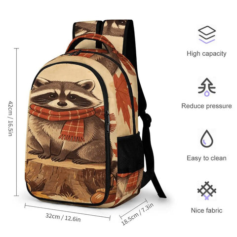 Fall Raccoon Print Backpack with large capacity, features raccoon graphic, polyester material, unisex daypack, lightweight for travel.