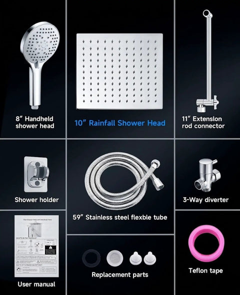 Heavy Duty Ten Inch Square Rainfall Shower Head With Slick Handheld Combo Pumping Out Kickin High Pressure Flow In A Rust Proof Stainless Frame For A Straight Up Luxe Bathroom Upgrade