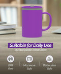 16 Oz Double Wall Insulated Desk Mug With Lid And Handle Set Of Two Bpa Free Reusable Plastic Spill Proof Cup Daily Driver Purple shade on desk.