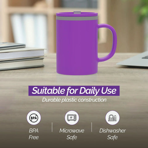 16 Oz Double Wall Insulated Desk Mug With Lid And Handle Set Of Two Bpa Free Reusable Plastic Spill Proof Cup Daily Driver Purple shade on desk.
