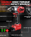 Half Inch Cordless Impact Wrench Bare Tool Compatible With Milwaukee 18V Batteries High Torque 950 Ft Lbs Electric Impact Gun With LED Light And 4 Speed Control For Pros And Diyers, detailed labeled view