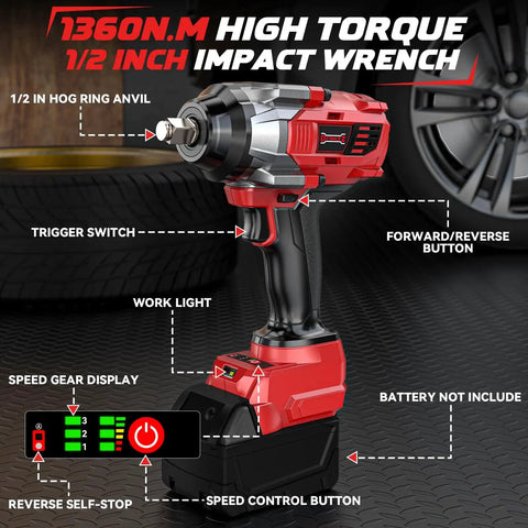 Half Inch Cordless Impact Wrench Bare Tool Compatible With Milwaukee 18V Batteries High Torque 950 Ft Lbs Electric Impact Gun With LED Light And 4 Speed Control For Pros And Diyers, detailed labeled view