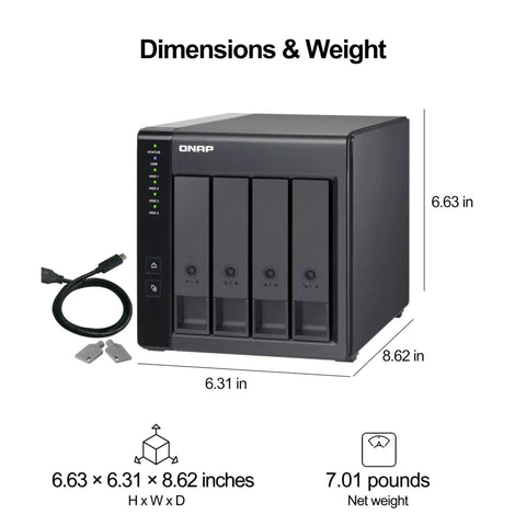 Plug And Play 4 Bay USB C Direct Attached Storage Box Featuring Hardware RAID For 3.5 Inch SATA Drives with dimensions and weight displayed.