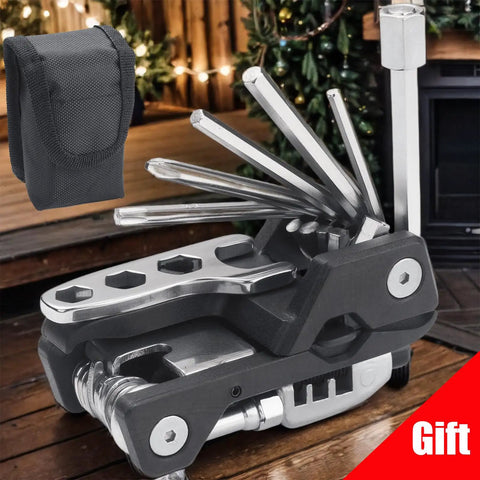 Bike Multi Tool 20 In 1 Portable Repair Kit for MTB and Road Cycling with carry case, shown with hex wrenches and tire levers