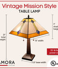 Vintage Tiffany Style Table Lamp With Geometric Mission Shade, 21 Inch Tall, White And Brown Stained Glass, Nightstand Light